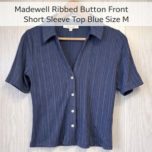 Madewell Ribbed Button Front Short Sleeve Top Blue Size M